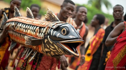 Vibrant ghanaian funeral procession highlighting intricate fish sculpture, mourners wearing traditional garments expressing cultural heritage with dynamic celebration and deep respect