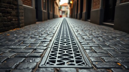 Cobblestone street with decorative drainage channel running down the center, showcasing urban infrastructure details.