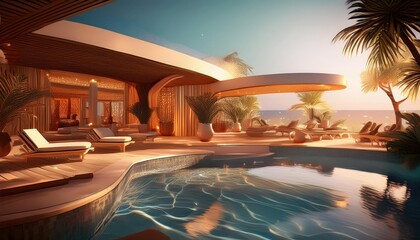 Elegant summer retreat with stunning sunset and serene poolside ambiance by the ocean