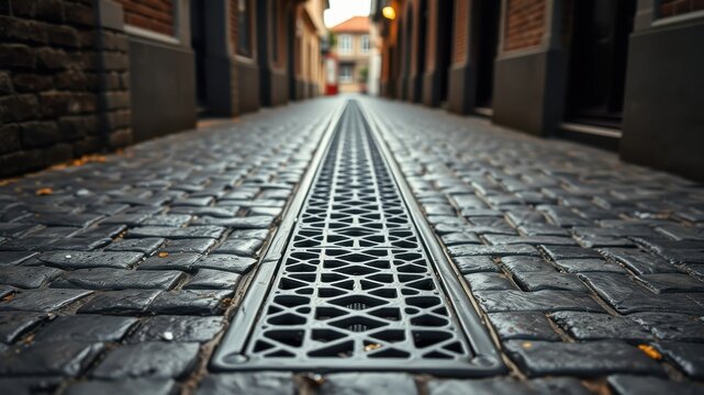 Cobblestone street with decorative drainage channel running down the center, showcasing urban infrastructure details.