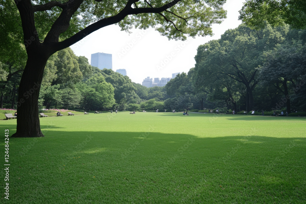 Poster a large park with a tree in the foreground and a city in the background