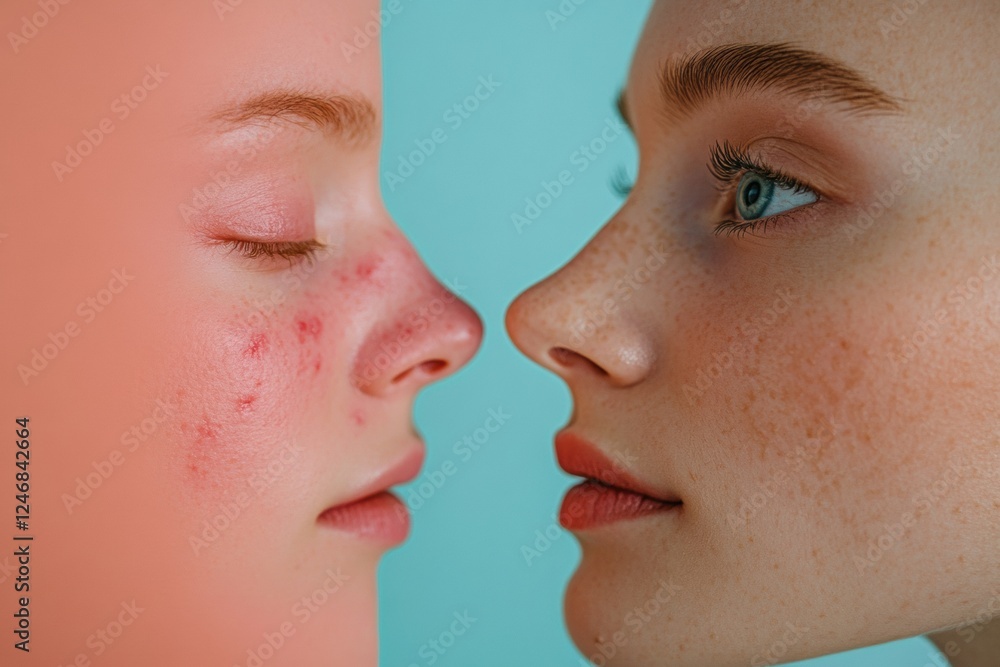Poster comparison of skin conditions highlighting acne and redness alongside smooth and glowing skin for sk