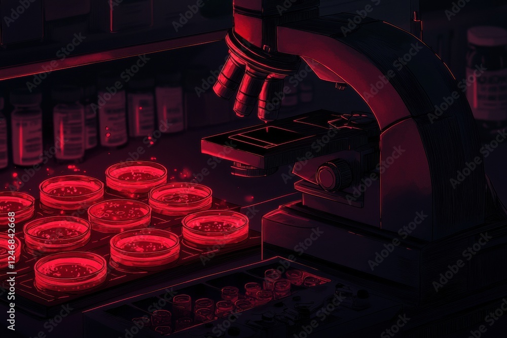 Poster a dark laboratory scene featuring a microscope and illuminated petri dishes, creating a mysterious a