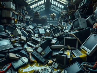 A pile of discarded electronic devices like old phones, laptops, and monitors, toxic chemicals leaking, cluttered warehouse, eerie atmosphere, detailed textures