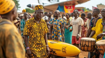 Fototapeta premium Mourners and musicians celebrating life gather around a vibrant airplane shaped fantasy coffin during a colorful ghanaian funeral ceremony