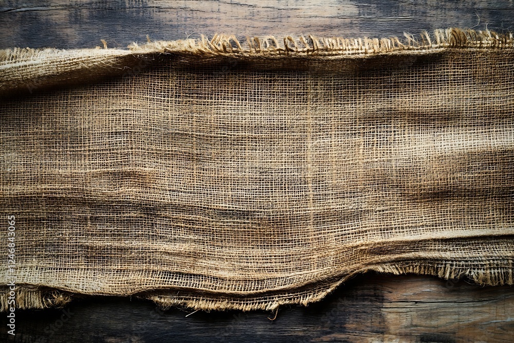 Poster coarse burlap fabric texture on rustic wooden table background : generative ai