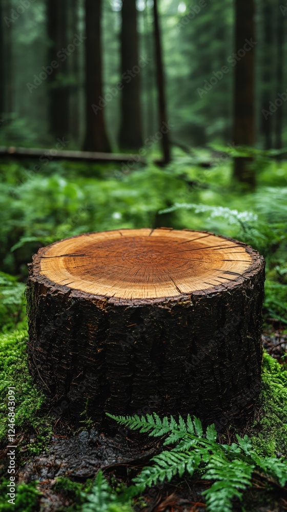 Poster tree stump in a misty forest with moss and ferns creating a serene and natural atmosphere