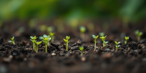 Tiny green sprouts emerging from dark soil, symbolizing growth and new beginnings