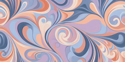 A non-seamless background with swirling retro patterns in chambray blue, lilac, and peach fuzz, offering a unique mix of vintage and modern aesthetics.