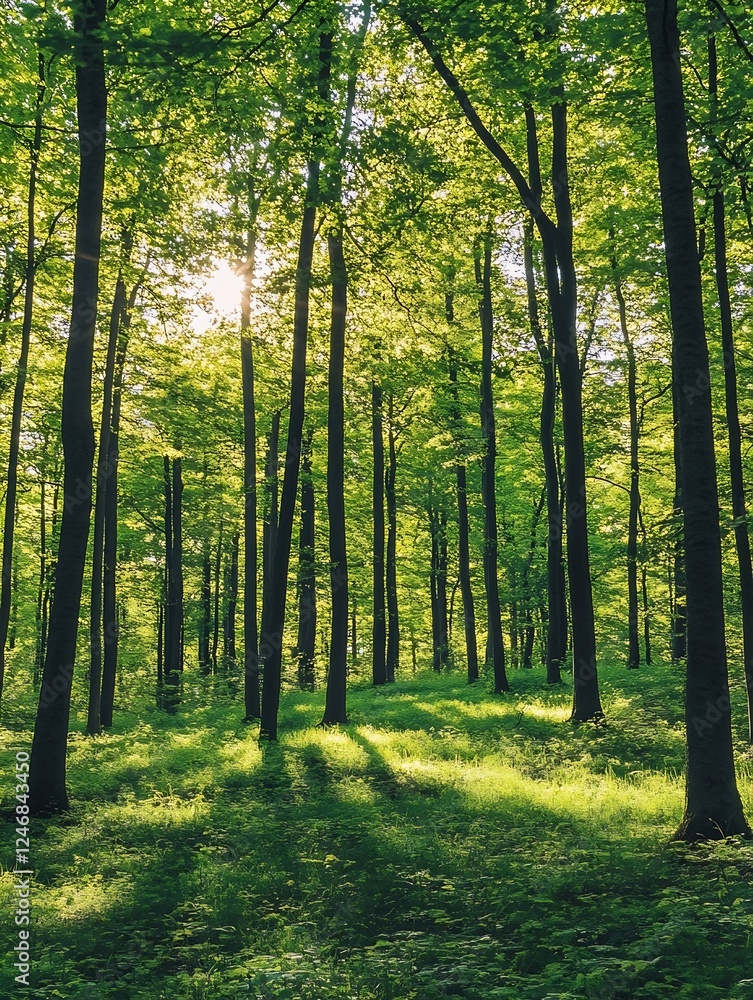 Aufkleber serene sun-drenched forest with lush greenery and tall trees in peaceful nature scene : generative a