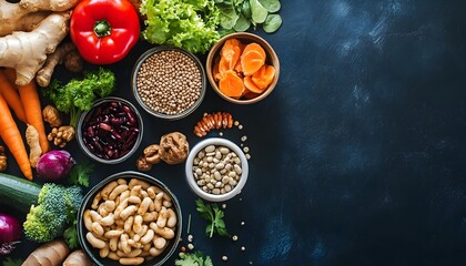 Delicious and healthy vegan food concept. Colorful mix of vegetables, legumes, nuts and seeds on a dark background.