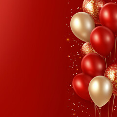 Celebration party banner background with red, gold balloons, carnival, festival or birthday balloon red background, red celebration background template