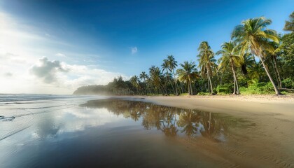 Vibrant summer day on the tranquil beach with palm trees and clear blue skies