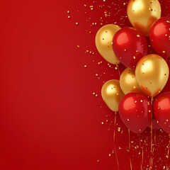 Celebration party banner background with red, gold balloons, carnival, festival or birthday balloon red background, red celebration background template