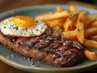 grilled steak with french fries and fried egg