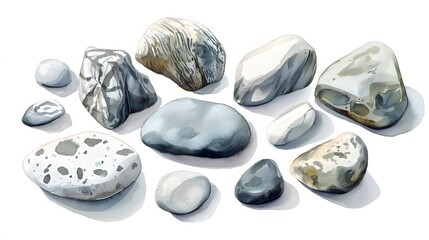 Watercolor Painting of Smooth Grey and White Stones