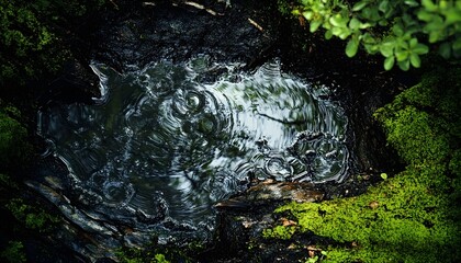 Rain Ripples in Mossy Forest Puddle