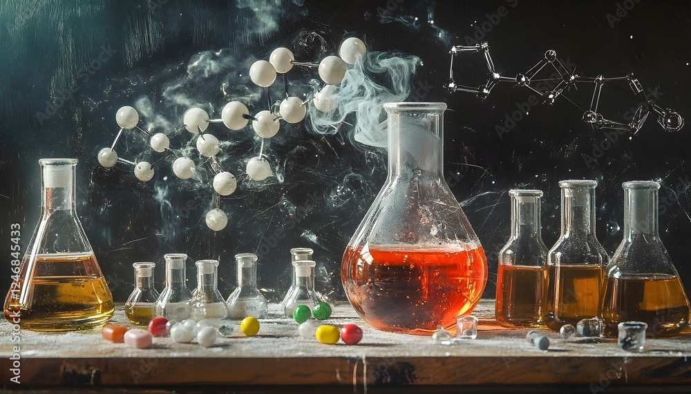 Poster chemistry science experiment in the lab with flasks and molecules