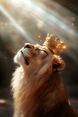 A majestic lion wearing a golden crown, standing proudly with a soft glow around it, symbolizing Jesus as the King of Kings