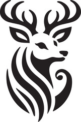 Majestic Deer with Intricate Antlers – Bold Black and White Tribal-Style Vector

