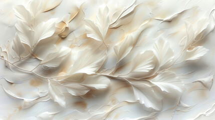 Elegant white background texture featuring intricate floral patterns and soft leaves, creating serene and calming atmosphere