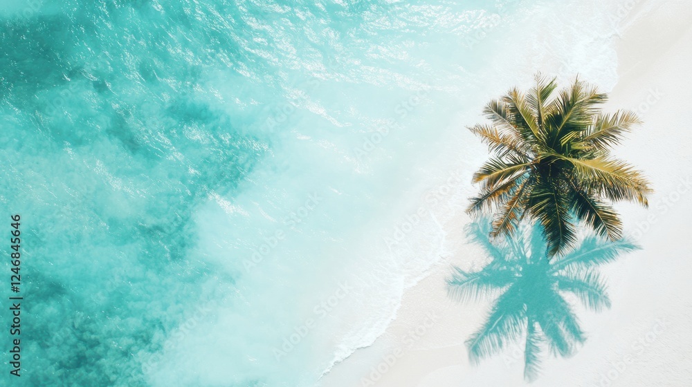 Poster tropical beach with coconut palm tree and turquoise water inviting relaxation and tranquility for a 