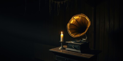 An antique gramophone with a golden horn sits on a dark wooden table next to a lit candle, creating a nostalgic and mysterious ambiance.