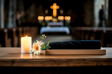 A serene church interior during Good Friday service, with soft candlelight illuminating the altar, a simple wooden cross draped in black cloth, and parishioners in quiet reflection