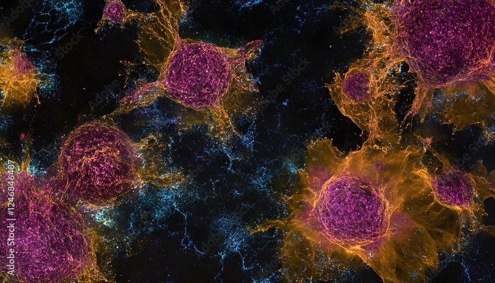 Poster cosmic abstract background: vibrant nebula with glowing particles and dynamic energy