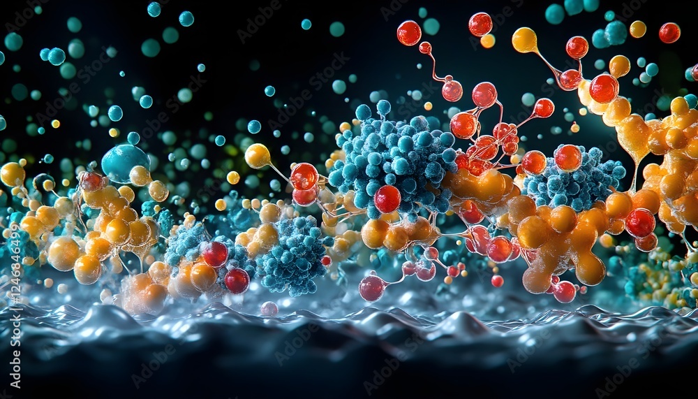 Poster abstract colorful molecular structure: 3d rendering of atom and cell