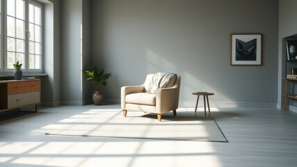 Sunlight streams into a minimalist living room, illuminating a comfortable armchair and a neutral color palette