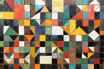 Colorful mosaic pattern featuring diverse geometric shapes in a vibrant design