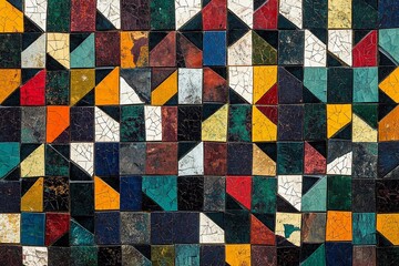 Colorful mosaic pattern featuring diverse geometric shapes in a vibrant design