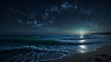 A glowing night ocean scene where crashing waves emit a soft blue bioluminescent light, with millions of twinkling stars reflecting on the water’s surface