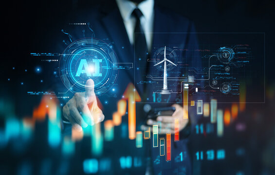 The businessman uses AI to analyze clean energy investments, enabling more informed decision-making and reducing risks in a rapidly evolving market.