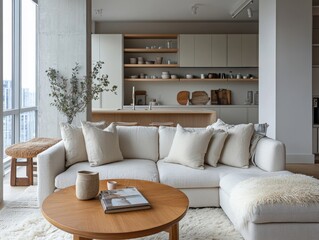 A living room with a white couch and a coffee table