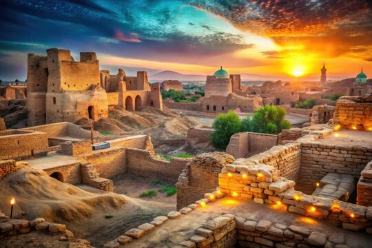 Explore Sauran's ethereal beauty: Bokeh captures Turkistan's Silk Road archaeological site.
