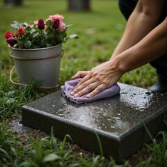 Cleaning Headstone with Reverent Care and Memorial Roses