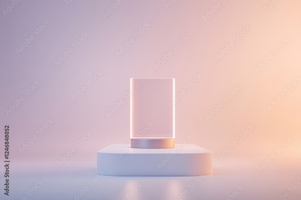 Poster minimalist translucent podium in neutral tones softly illuminated against clean background with wide