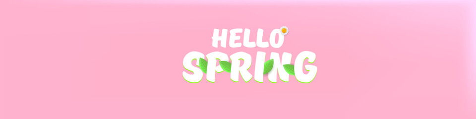 Hello spring pink horizontal banner with text and flowers on soft pink background with pink clouds. hello spring slogan or label isolated on pink background. Springtime banner and header