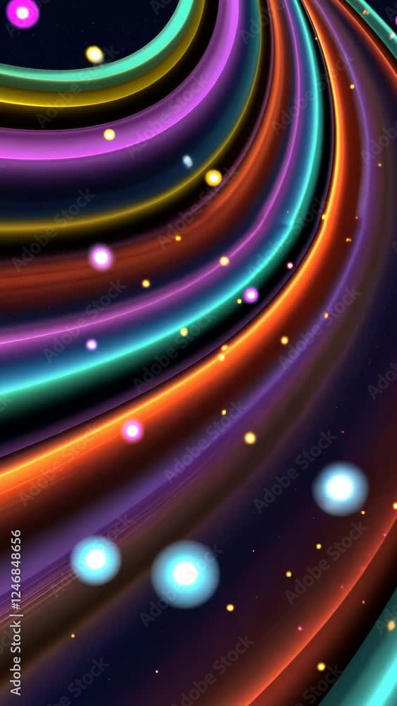Poster a colorful line with many small dots. the dots are in different colors. the line is purple, blue, gr