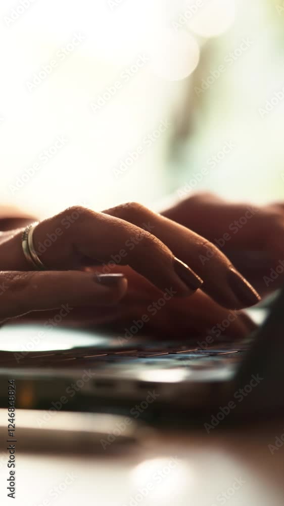 Poster woman, hands and typing on laptop for business, creative writing and remote work in home. journalist