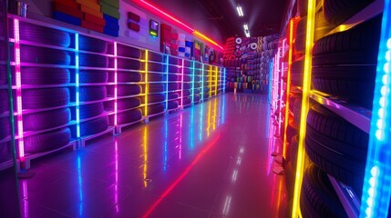 Obraz premium Close up view of stacked rubber tires in a brightly lit industrial store for business use