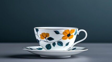 Fototapeta premium Elegant porcelain teacup with floral design on a saucer against a minimalist background