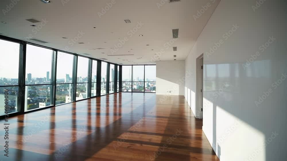 Poster Sunlight progressively illuminates an empty, minimalist and modern apartment with large windows and hardwood floor, creating dynamic shadows in slow motion