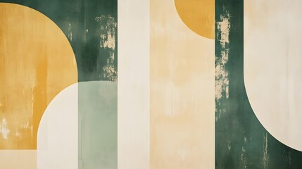 Abstract Geometric Background: Muted Green, Beige, and Gold Circles and Rectangles