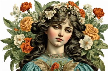 Vintage retro antique angel portrait illustration with colorful botanical flowers on isolated white background, people, culture and religion theme concept texture design.
