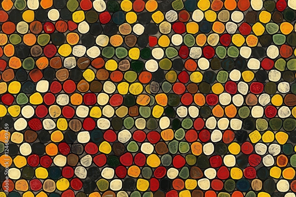 Poster a vibrant pattern of colorful hexagonal shapes, resembling a mosaic, showcasing a harmonious blend o