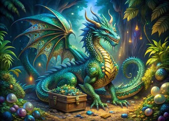 Fototapeta premium Majestic Fantasy Dragon Guarding Sparkling Treasure Chest in Vibrant Landscape