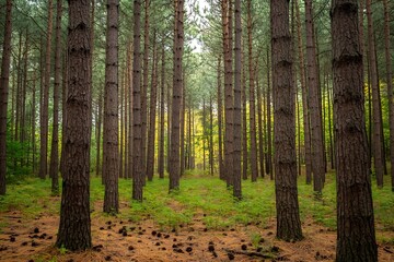 Fototapeta premium Majestic Pine Forest Woodland Landscape with Sunlight Filtering Through Trees : Generative AI